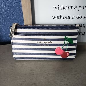 Kate Spade Navy & White Striped Wristlet with Pink and Red Cherry Applique